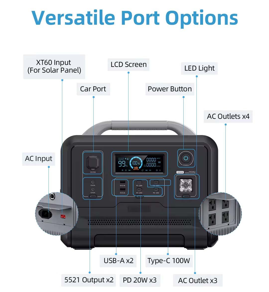 Custom portable power station 1200W outdoor solar power banks backup power supply