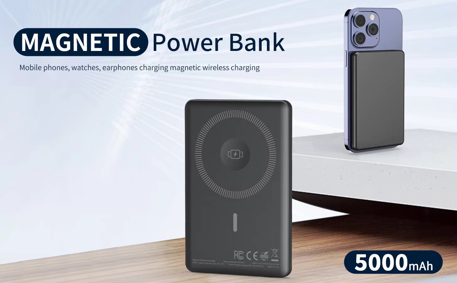 Ultra-thin 3 in 1 MagneticWireless Charger with Power Bank 15W Fast Charging