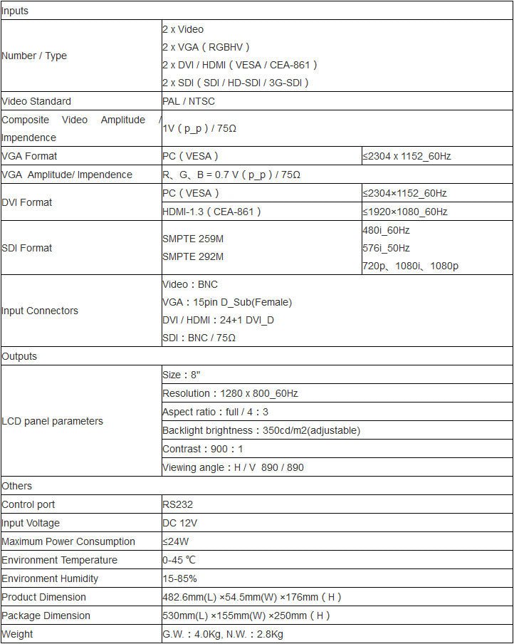 VDWall BM808 LED Screen Broadcast Monitor Parameter